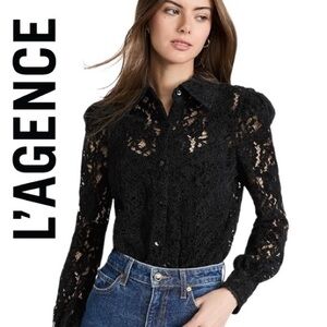 L’Agence Jenica Black Lace Blouse Button Up Puff Long Sleeves Large Women’s
